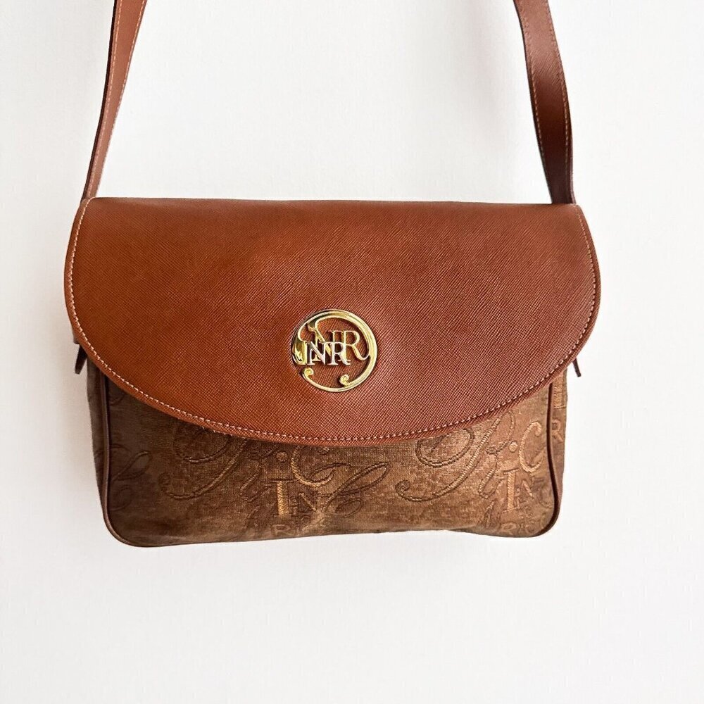Vintage Nina Ricci Logo Spellout Coated Canvas Leather Trim Camera Bag